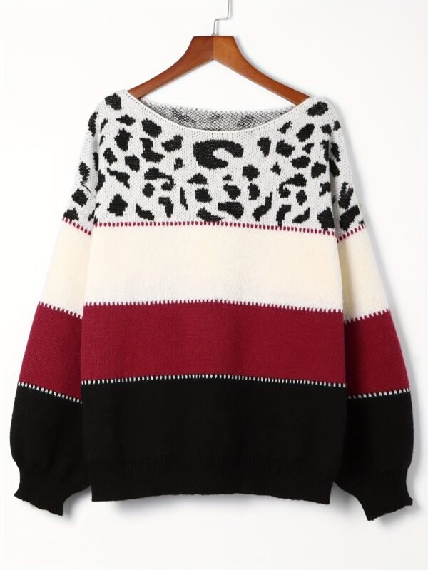 Stylish Color Block Leopard Print Sweater, Crew Neck Long Sleeve Sweater, Casual Tops For Fall & Winter, Women's Clothing