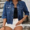 Women's Plus Size Half-Sleeve Denim Jacket With Flap Pockets And Frayed Hem, Elegant Casual Style, Versatile Summer Top In Blue