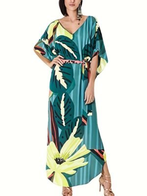 f976c0d5-8fc2-47d7-a45f-1196a6d31148-1.jpg Floral Print V Neck Maxi Dress, Vacation Batwing Sleeve Belted Beach Dress, Women's Clothing