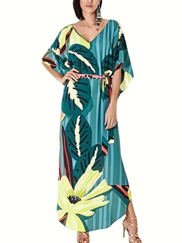 Floral Print V Neck Maxi Dress, Vacation Batwing Sleeve Belted Beach Dress, Women's Clothing