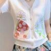 Floral & Mushroom Pattern V Neck Cardigan, Casual Beaded Button Short Sleeve Sweater For Spring & Summer, Women's Clothing