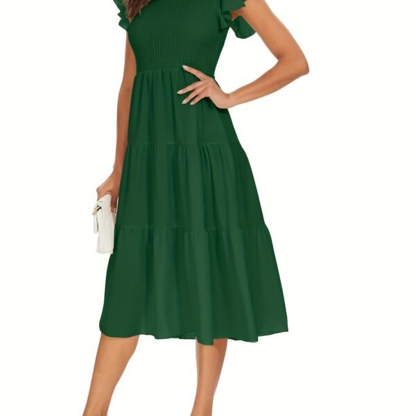 Solid Color Shirred Midi Dress, Elegant Flutter Sleeve Ruffle Hem Dress For Spring & Summer, Women's Clothing