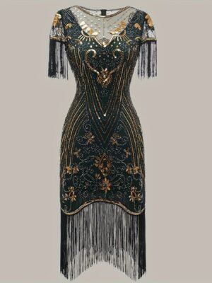 fab915e0-c3c5-4eb8-8b71-20bea6b7ac11-1.jpg Tassel Sequined V Neck Dress, Elegant Crew Neck Short Sleeve Dress For Party & Banquet, Women's Clothing