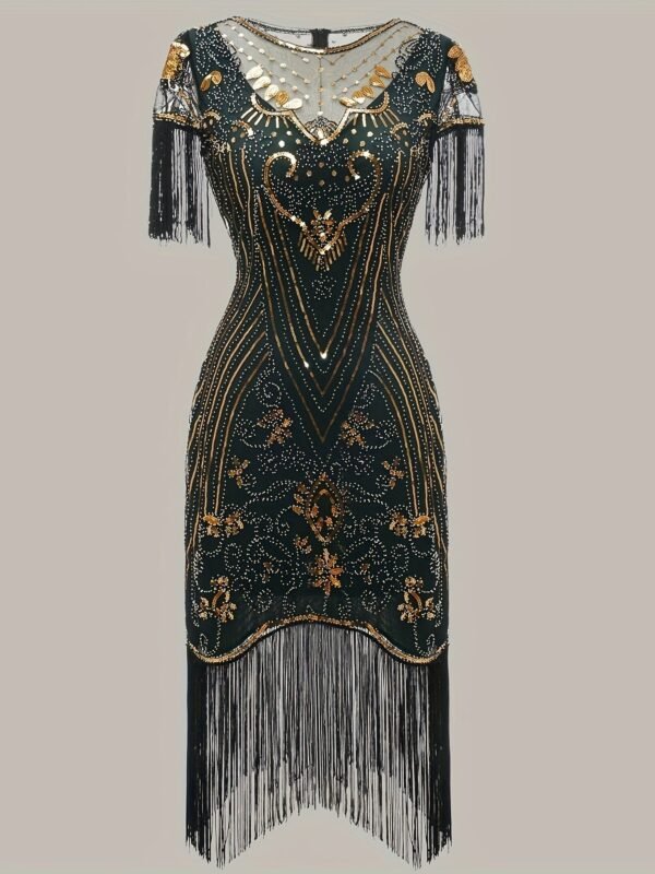 Tassel Sequined V Neck Dress, Elegant Crew Neck Short Sleeve Dress For Party & Banquet, Women's Clothing