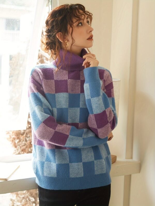 Geo Pattern Turtleneck Knitted Pullover Sweater, Casual Long Sleeve Top For Fall & Winter, Women's Clothing