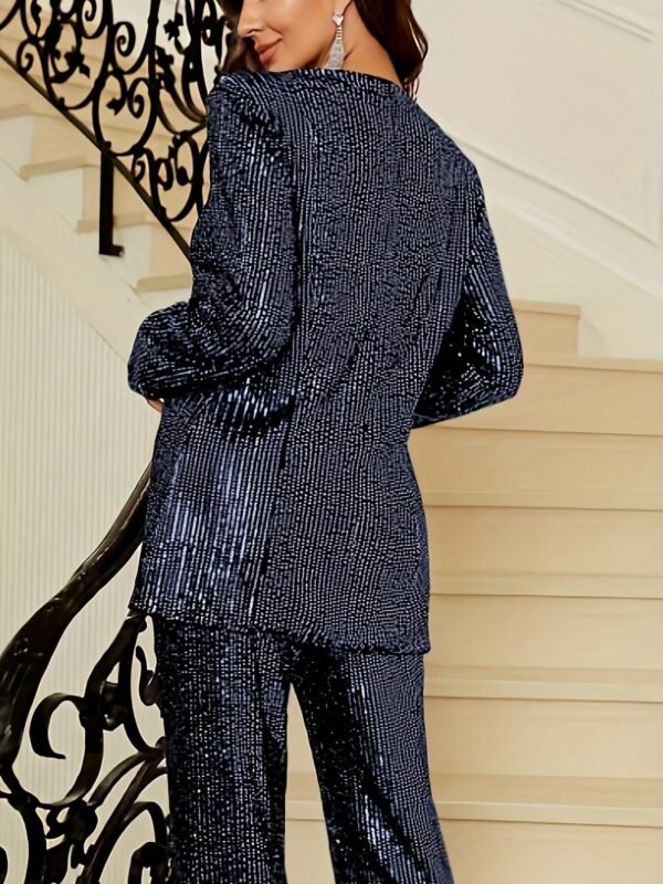 Sequin Decor Two-piece Set, Collarless Long Sleeve Blazer & High Waist Pants Outfits, Women's Clothing