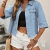 Women's Plus Size Half-Sleeve Denim Jacket With Flap Pockets And Frayed Hem, Elegant Casual Style, Versatile Summer Top In Blue
