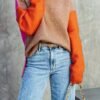 Color Block Turtle Neck Pullover Sweater, Casual Long Sleeve Split Side Sweater For Fall & Winter, Women's Clothing