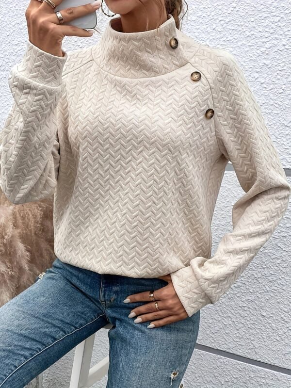 Solid Color Button Decor Pullover Sweatshirt, Casual Long Sleeve Turtle Neck Sweatshirt For Winter & Fall, Women's Clothing