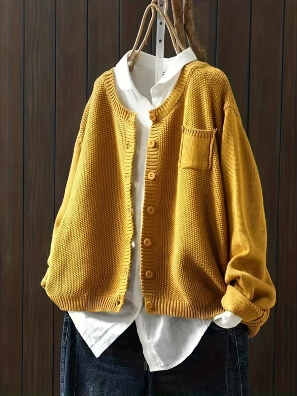 Solid Button Front Knit Cardigan, Casual Long Sleeve Loose Sweater With Pocket, Women's Clothing