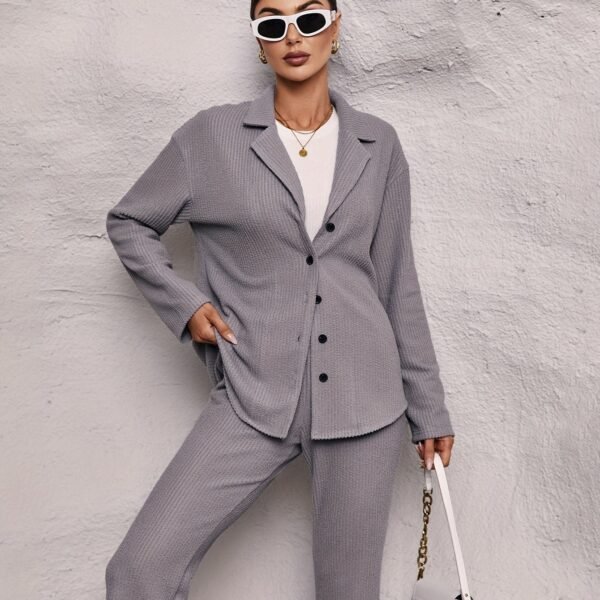 Solid Casual Two-piece Set, Button Up Long Sleeve Top & Pants Outfits, Women's Clothing