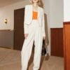 Solid Color Two-piece Suit Set, Open Front Lapel Crop Blazer & Loose Pants Outfits, Women's Clothing