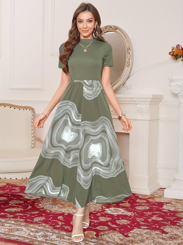 fe924673527b0f377362a93827b67bad-1.jpg Graphic Print Splicing Aline Dress, Vintage Mock Neck Short Sleeve Dress, Women's Clothing