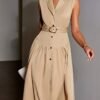 Ruffle Hem Botton Front Lepal Neck Dress, Elegant Belted Sleeveless Dress For Spring & Summer, Women's Clothing