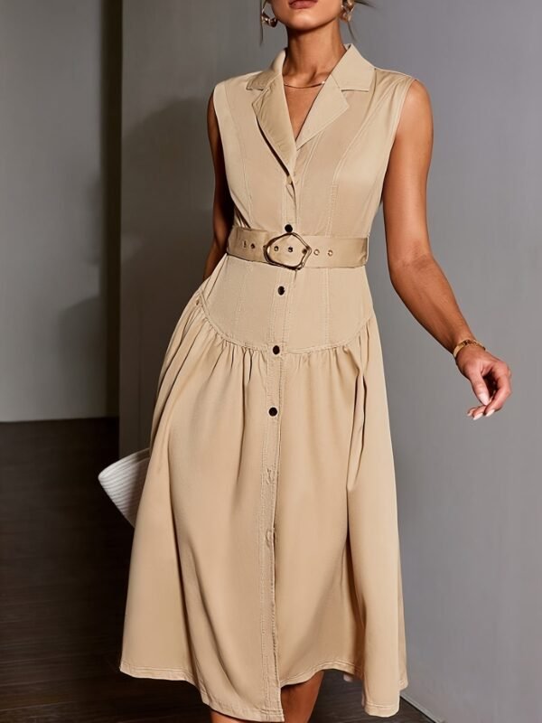 Ruffle Hem Botton Front Lepal Neck Dress, Elegant Belted Sleeveless Dress For Spring & Summer, Women's Clothing