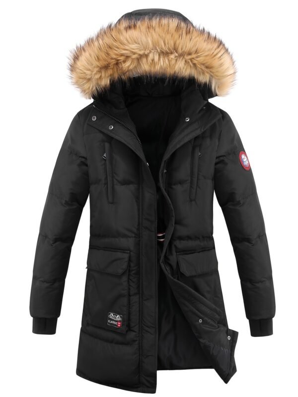 Women's Winter Puffer Jacket, Faux Fur Collar Hooded Coat, Zip-up Snap Button Windproof Thermal Casual Jacket
