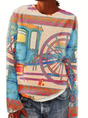 Cartoon Pattern Thin Pullover Sweater, Casual Crew Neck Long Sleeve Loose Sweater, Women's Clothing